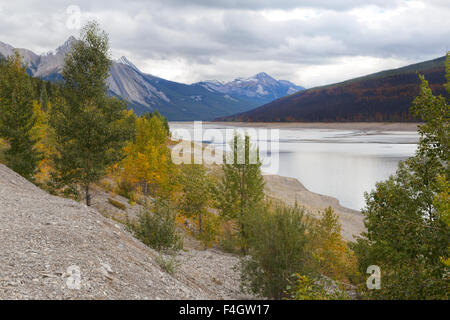 Serene tranquility and early fall colors at Medicine Lake, located within Jasper National Park, Alberta, Canada, North America. Stock Photo