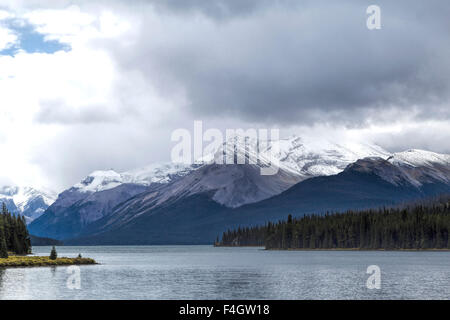 View on Maligne Lake and Maligne Mountain in Jasper National Park, Rocky Mountains, Alberta, Canada.