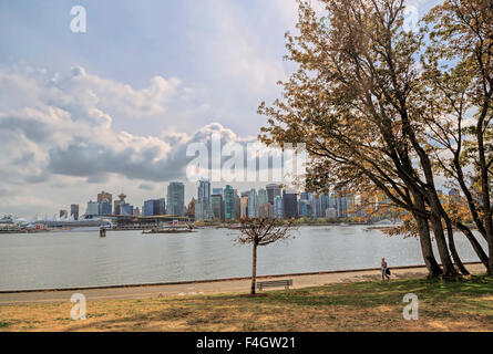 View from Stanley Park on Burrard Inlet, Vancouver's modern skyline, British Columbia, Canada, North America. Stock Photo