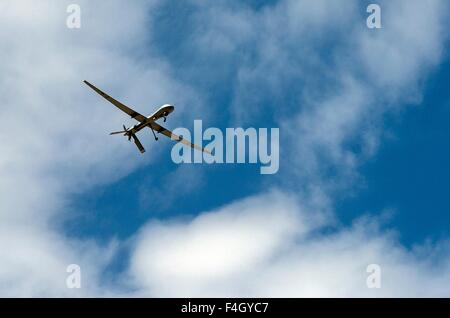 An MQ-9 Reaper UAV drone in flight at Creech Air Force Base May 6, 2015 in Indian Springs, Nevada. Stock Photo