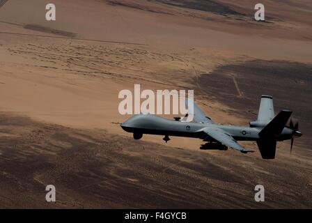 An MQ-9 Reaper UAV drone in flight at Creech Air Force Base October 17, 2015 in Indian Springs, Nevada. Stock Photo