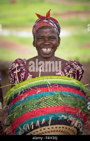 Fair trade, ornate straw baskets are woven by the women of Amongtaaba Basket Weavers Group in Bolgatanga District, Ghana. Stock Photo