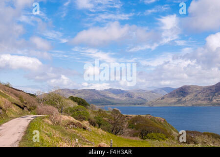 Empty narrow single track coast road B8073 north side of Loch Na Keal. Isle of Mull, Inner Hebrides, Western Isles, Scotland, UK Stock Photo