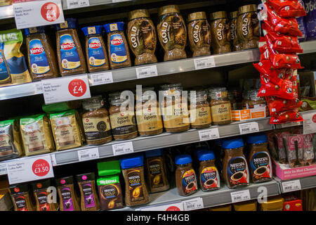 Supermarket jars of coffee for sale; Variety of Coffees for sale on supermarket shelf. Lancashire, UK Stock Photo