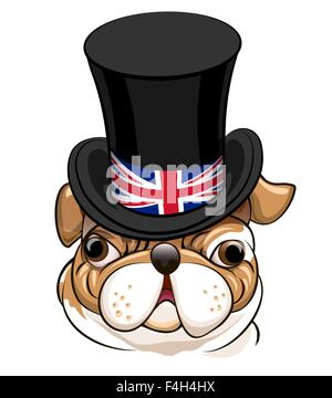 English Bulldog in Black cylinder hat with the symbol of the Great Britain flag. Stock Vector