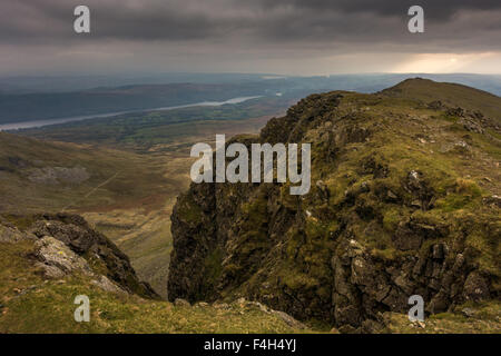 Looking down from Dow Crag towards Coniston Water on a moody autumnal afternoon Stock Photo