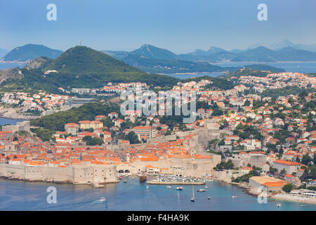 Dubrovnik, Dubrovnik-Neretva County, Croatia.  Overall view of the old city and the port.  The old city of Dubrovnik is a UNESCO Stock Photo