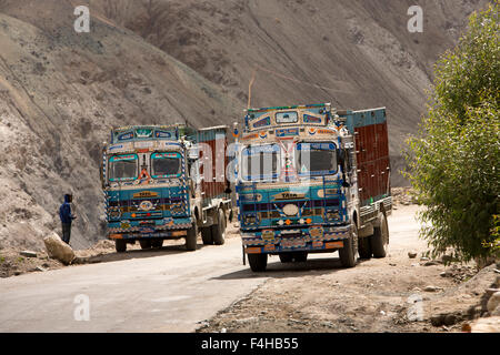 India, Jammu & Kashmir, Ladakh, Miru, colourfully decorated trucks on Leh-Manali highway Stock Photo