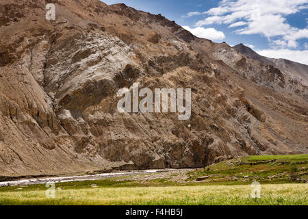 India, Jammu & Kashmir, Ladakh, Miru, Giah River flowing thrugh rocky landscape beside barley fields Stock Photo