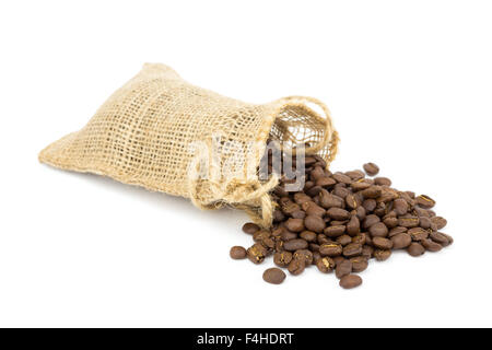 Little sackcloth with loose coffee beans isolated on white background