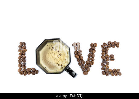 Word LOVE with coffee beans and black cup isolated on white background