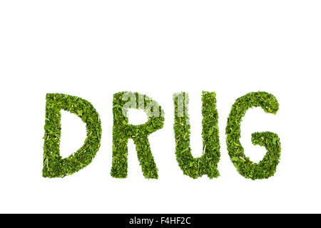 Word DRUG letters made of green hemp leaves isolated on white background Stock Photo
