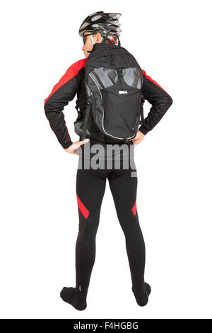equipped cyclist with a backpack on isolated Stock Photo