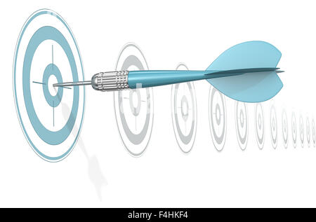 Dart Arrow hitting center of blue target. Horizontal row of gray targets. Stock Photo