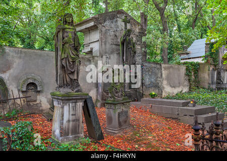 Statues and graves on old Olšany Cemeteries in Prague. Stock Photo