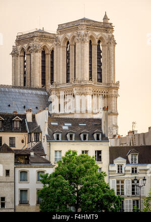 Notre Dame de Paris Cathedral towers in morning summer light. Ile de la Cite, Paris, 4th arrondissement, France Stock Photo