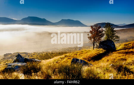 Early morning mist rolls in across Rannoch Moor, Highlands of Scotland Stock Photo