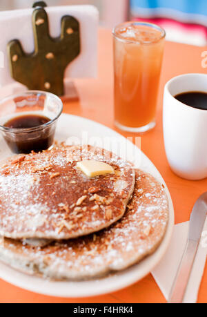 Blue Corn Pancakes, a popular breakfast dish at Mango Cafe, Isla Mujeres, Quintana Roo, Mexico.