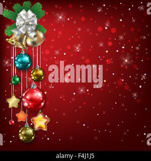 Abstract red background with Christmas bells and decorations Stock Vector