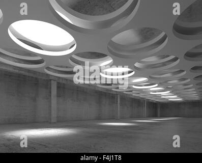 Empty dark concrete hall interior with big round illuminators in suspended ceiling, 3d illustration background Stock Photo