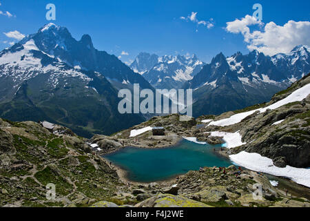 View across the mountain lake Lac Blanc to the French Alps mojntain range, Chamonix, France Stock Photo