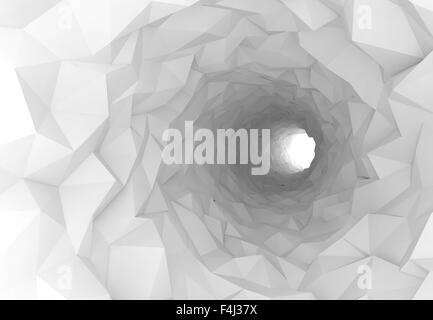 Turning white tunnel interior with chaotic polygonal surface. Digital 3d illustration Stock Photo