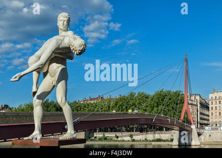 The Weight of Oneself statue on the Saone Banks near the Palais de Justice footbridge, Lyon, Rhone, France, Europe Stock Photo