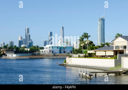 Apartment towers and houses by canal, Surfers Paradise, Gold Coast, Queensland, Australia Stock Photo