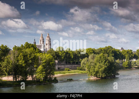 Looking across the River Loire towards the Cathedral of Saint Gatien in Tours, Indre et Loire, France, Europe Stock Photo