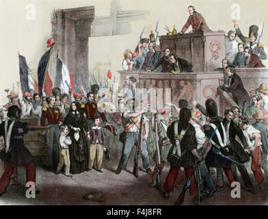 France. Liberal Revolution, 1848. Popular uprising to force the abdication of King Louis Philippe of Orleans and proclaim the Second Republic (Days 22 to 24 February). National Assembly invaded by the people, February 24, 1848. Colored engraving. Stock Photo