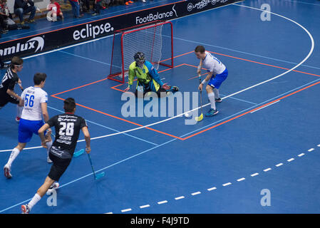 Floorball men match in the hall Stock Photo