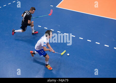 Floorball men match in the hall Stock Photo