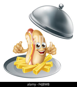 A hot dog sausage cartoon character on a silver platter serving tray with potato chip French fries Stock Photo