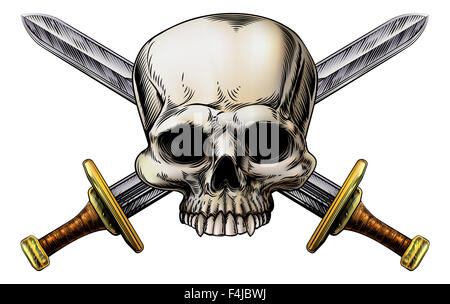 A human skull and crossed swords pirate sign in vintage woodblock style Stock Photo