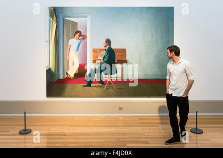 London, UK. 19th Oct, 2015. David Hockney's portrait 'George Lawson and Wayne Sleep 1972-5' goes on display for the first time in the UK today. It is in a new free display of the artist's double portraits at the Tate Britain. Credit:  Guy Bell/Alamy Live News Stock Photo