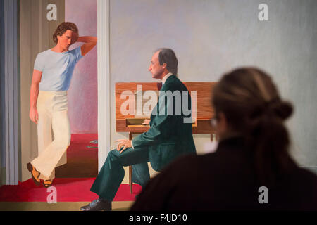 London, UK. 19th Oct, 2015. David Hockney's portrait 'George Lawson and Wayne Sleep 1972-5' goes on display for the first time in the UK today. It is in a new free display of the artist's double portraits at the Tate Britain. Credit:  Guy Bell/Alamy Live News Stock Photo