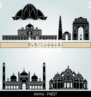 Delhi landmarks and monuments isolated on blue background in editable vector file Stock Photo