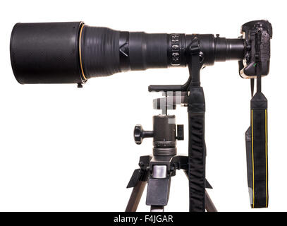 800mm lens on DSLR camera full format. Tripod. Photographing telephoto equipment, distance to overcome, big, heavy, expensive, l Stock Photo