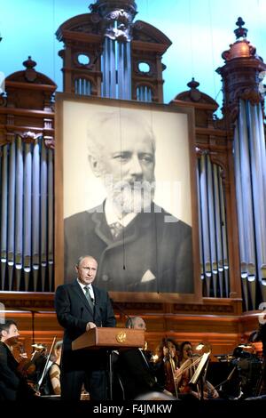 Russian President Vladimir Putin speaks at the gala concert of the winners of the 15th International Tchaikovsky Competition at the Grand Hall of the Moscow Conservatory July 2, 2015 in Moscow, Russia. Stock Photo