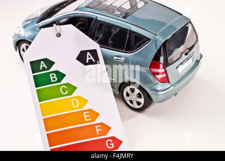 Car with efficiency label as an indication of low emissions. Stock Photo