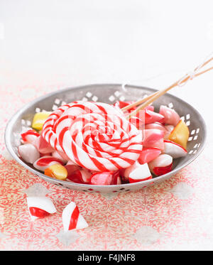 Plate with lollipops and peppermint hard candies Stock Photo