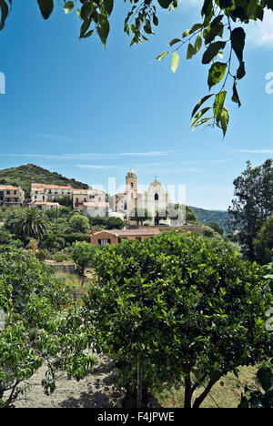 View of town on hill Stock Photo