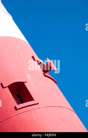 Close up detail showing foghorn of Portland Lighthouse contrasting against blue sky, Portland Bill, Dorset in October Stock Photo