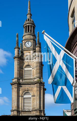 St. George's Tron Church Glasgow steeple and Scottish Saltire, Buchanan Street / Nelson Mandela Place, Scotland, UK Stock Photo