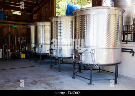 Stainless steel wine tanks at the Wooldridge Creek Vineyard & Winery located in Southern Oregon. Stock Photo