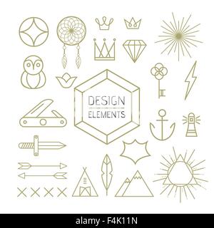 Design elements set in outline line art style. Includes boho, nature, and geometry shapes. EPS10 vector. Stock Vector