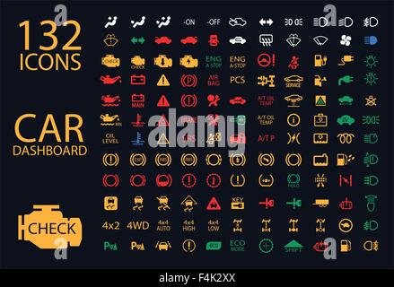 vector collection of car dashboard panel indicators, yellow red green blue indicators Stock Vector