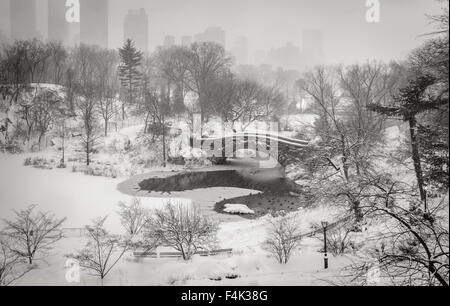 Central Park's Pond and Gapstow Bridge during a snowstorm. Quiet winter scene in the heart of Manhattan, New York City Stock Photo