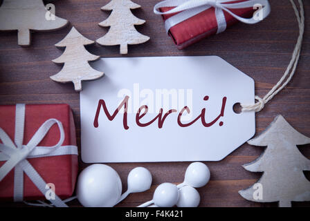 Christmas Label Gift Tree Merci Means Thank You Stock Photo