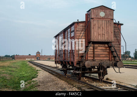 A train used for carrying Jews at the entrance of Auschwitz II-Birkenau, Oswiecim Stock Photo